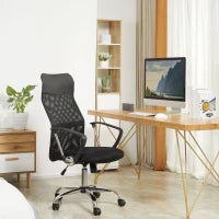 Sedia Ergonomica da Ufficio Girevole e Dondolo con Ruote, Altezza Regolabile e Schienale a Rete, 63x65x109-119 cm, Nero