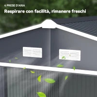 Casetta da Giardino con 2 Porte Scorrevoli e 4 Prese d'Aria, in Acciaio, 322x277x192 cm, Grigio