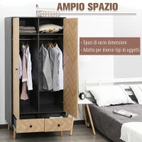 Armadio 2 Ante In Legno Con 4 Ripiani, 2 Cassetti e Appendiabiti, Grigio Scuro, 90x50x190 cm