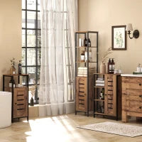 kleankin Mobile Colonna Bagno con 3 Ripiani Aperti, Porta a Doghe, Ripiani Regolabili, Stile Industriale, Marrone Rustico