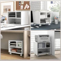 Mobile Porta Stampante a 2 Livelli con 3 Scomparti e Ruote per Ufficio e Studio, 40x30x36cm, Bianco
