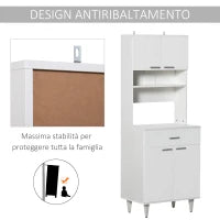 Credenza Alta da Cucina, Madia Classica Bianca in Legno con 2 Armadietti e 1 Mensola, Bianco, 60x40x160cm