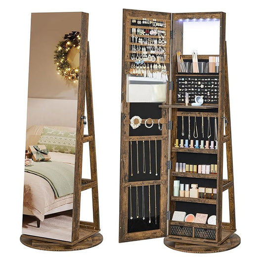 Mobiletto portagioielli con specchio autoportante con serratura 6 luci LED contenitore portagioielli girevole a 360° specchio pendente senza cornice 3 ripiani portaoggetti marrone 12_0003930