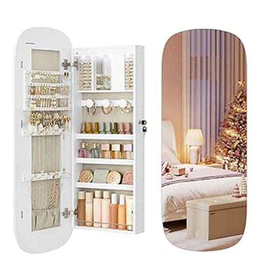 Mobiletto portagioie a specchio da parete con illuminazione a LED e serratura specchio a figura intera con più scomparti per orecchini e collane superficie bianca 12_0003935