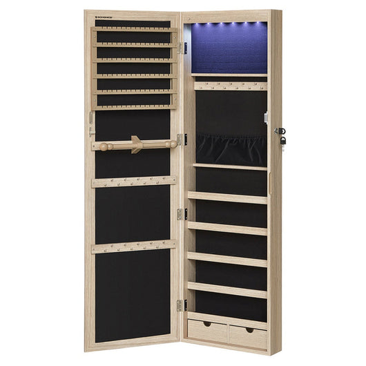 Mobiletto portagioie da parete per collane orecchini accessori mobiletto con specchio 37 x 10 x 120 cm vari scomparti chiudibile a chiave beige 12_0003932