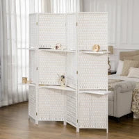 Separatore di Ambienti da 4 Pannelli con 2 Mensole Pieghevoli, Bianco Paglia