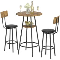 Set tavolo da bar a 3 pezzi con 2 sgabelli imbottiti, rivestimento in eco-pelle, schienale, struttura in metallo, Marrone