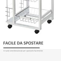 Carrello Isola da Cucina Salvaspazio in Legno di Pino, Carrello Portavivande con 4 Ruote Cassetto 3 Cesti Estraibili Portafrutta, Bianco