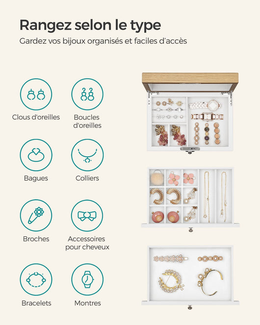 Portagioielli a 3 ripiani contenitore per gioielli in legno ingegnerizzato portagioielli originale con cassetti per anelli orecchini braccialetti collane bianco 12_0004291