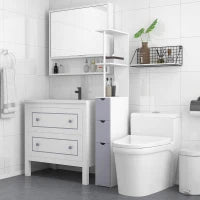Colonna Bagno, Mobile Bagno Salvaspazio in Legno, Mobiletto con Armadietto, Ripiani e Cassetti, 15x33x136 cm, Grigio Chiaro