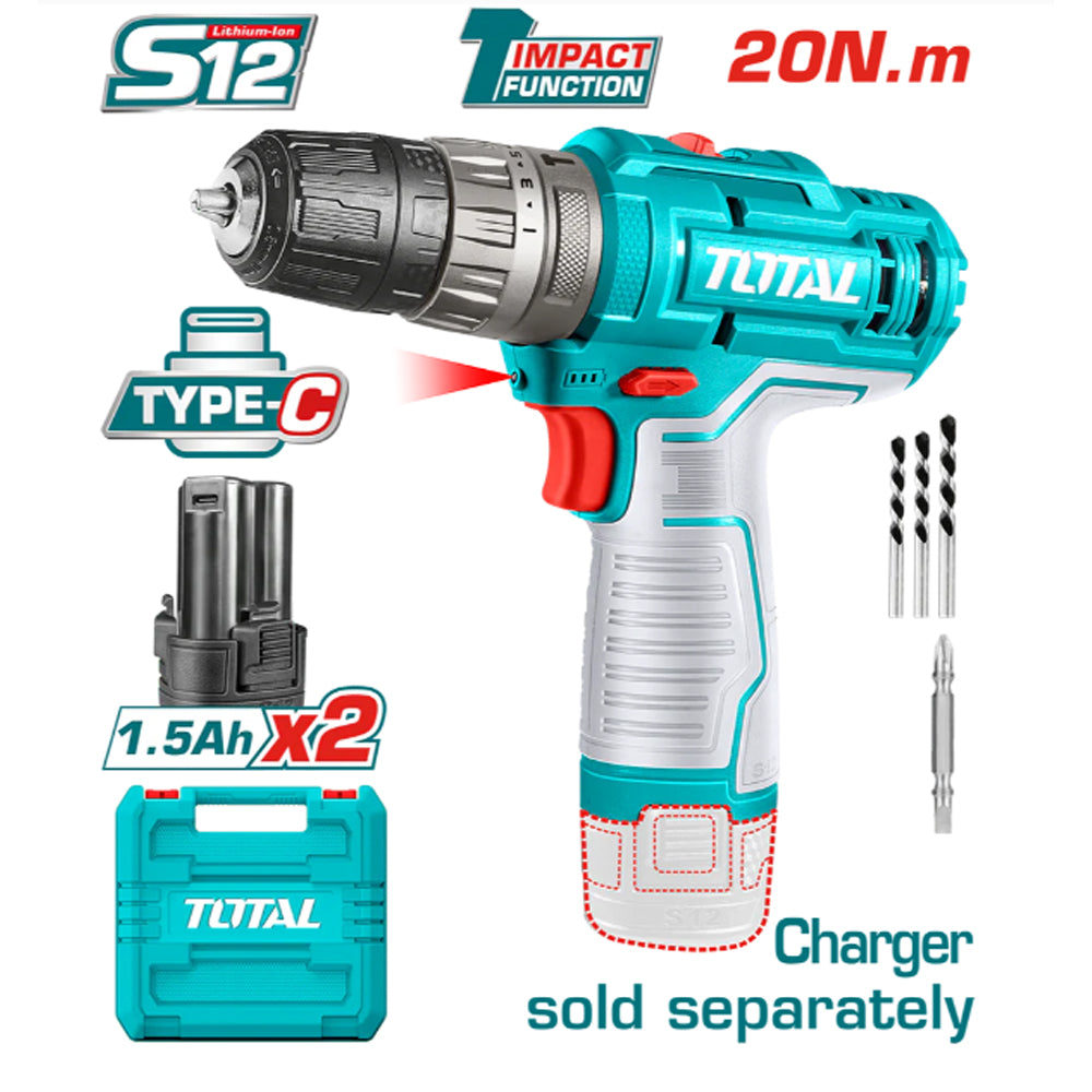 TRAPANO AVVITATORE A PERCUSSIONE A BATTERIA 12V - 20Nm+2 BATTERIE 1,5Ah TYPE-C TOTAL