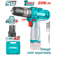 TRAPANO AVVITATORE A PERCUSSIONE A BATTERIA 12V - 20Nm+2 BATTERIE 1,5Ah TYPE-C TOTAL