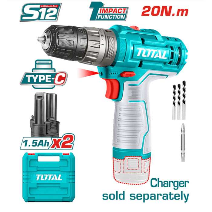 TRAPANO AVVITATORE A PERCUSSIONE A BATTERIA 12V - 20Nm+2 BATTERIE 1,5Ah TYPE-C TOTAL