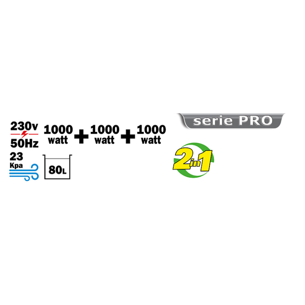 ASPIRATORE ASPIRAPOLVERE SOLIDI ASPIRALIQUIDI BIDONE INOX 80Lt 3x1000W RIBIMEX