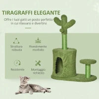 Albero Tiragraffi per Gatti Fino 4.5kg a Forma di Cactus con Palline e Cuccia, 60x35x78cm - Verde