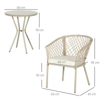 Set da Giardino in Rattan con 2 Poltroncine con Cuscini e Tavolino da Caffè in Vetro, Khaki