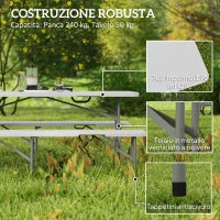 Set da Pic Nic Pieghevole a 3 Pezzi con Tavolo e 2 Panche in HDPE e Metallo, Bianco e Grigio Chiaro