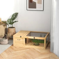 Casa per Tartarughe di Legno con Tetto in Rete e Pannelli Laterali Trasparenti Rimovibili 91x60,5x32cm Giallo