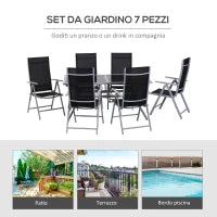 Set Mobili da Giardino un Tavolo con 6 Sedie Pieghevoli Schienale Reclinabile a 7 Livelli Struttura Verniciata a Polvere Antiruggine Nero  Argento Alluminio Tessuto a Rete Vetro