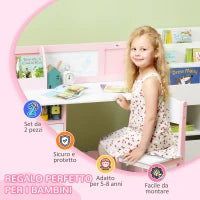 Set Tavolo e Sedie per Bambini 5+ Anni in Legno con Banco Scuola e Sedia Bianco e Rosa