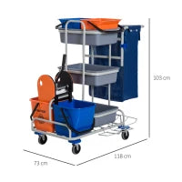 Carrello per Pulizie Professionale Multiuso con 4 Secchi Rotelle Borsa di Tela 118 × 73 × 103cm