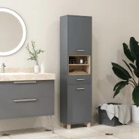 Colonna Bagno Moderna con Cassetto e Armadietti in Legno e Lega di Alluminio, 40x24x160 cm, Grigio