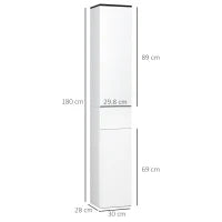 kleankin Mobile Bagno con Ripiano Regolabile, 2 Ripiani Chiusi e un Cassetto in Legno, 30x28x180 cm, Bianco