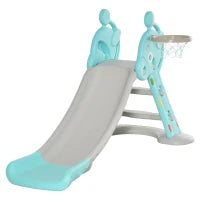 Scivolo per Bambini da 18 Mesi Pieghevole con 3 Scalini e Canestro Basket, Scivolo da Interno ed Esterno, 147x82x85.5 cm, Blu e Grigio