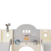 8-in-1 Scivolo per Bambini, Gioco da Arrampicata Multifunzionale con 2 Scivoli, Scala da Arrampicata, Canestro da Basket, Gioco del Lazo, Binocolo, Armadietti, 200×165×95 cm,Grigio antico bianco