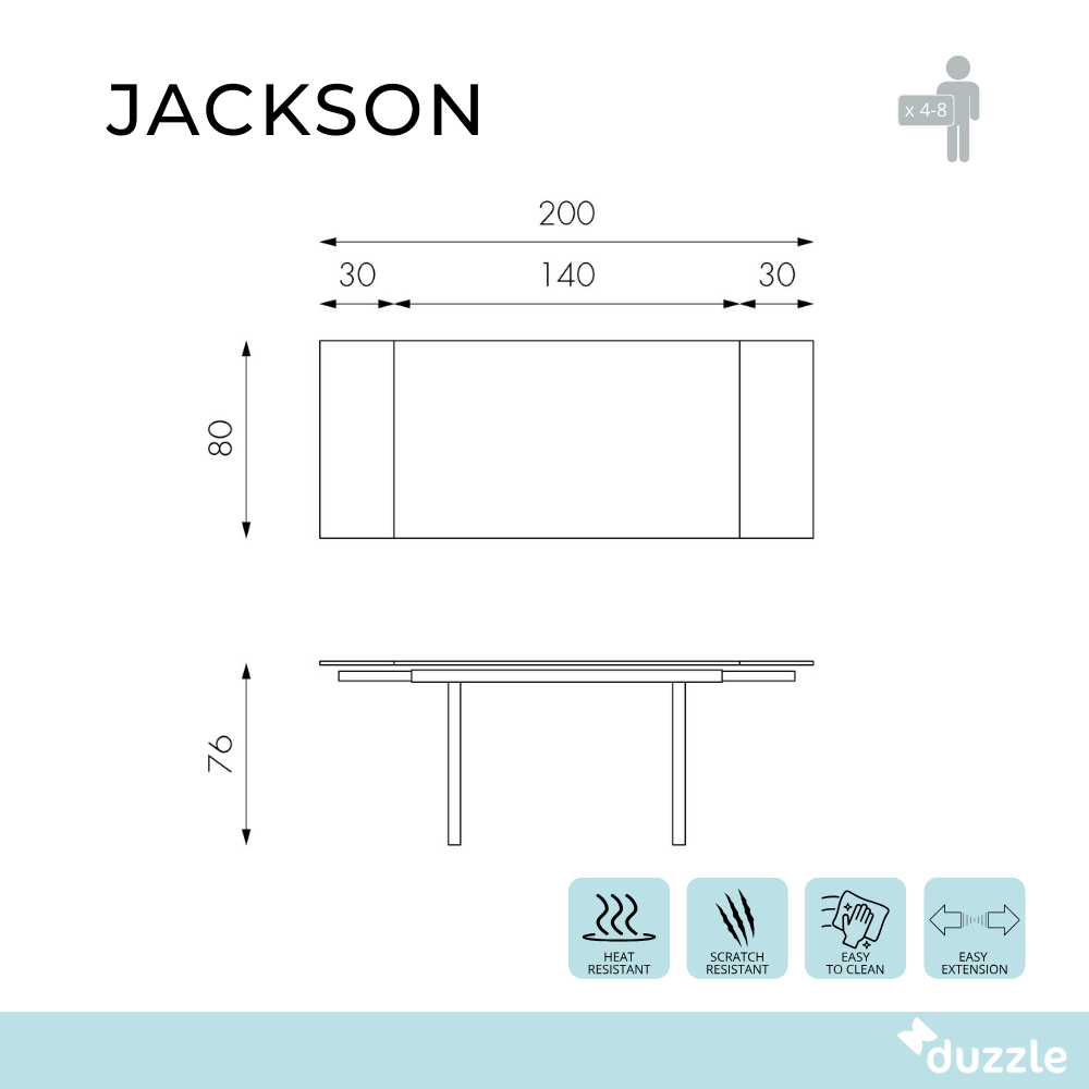 Tavolo da pranzo allungabile in vetro temperato con gambe bianche Jackson 140-200x80 cm fino a 8 posti | Duzzle