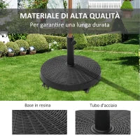 Base per Ombrellone da Giardino Rotonda a 4 Ruote con Freni, Basamento per Ombrellone in Metallo e Resina, per Pali di Ombrelloni da Ø38/48 mm, Ø52x41 cm, Nero