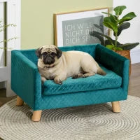Divanetto per Cani e Gatti Stile Scandinavo con Cuscino Imbottito in Velluto e Legno, 64x45x36cm, Blu