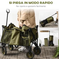 Carrello da Giardino 125L Pieghevole con Maniglia e 5 Sacche, 108x55x93 cm, Verde