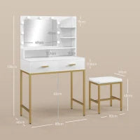 Mobile Toeletta con Specchio, 2 Cassetti, 5 Ripiani e Sgabello, in MDF e Truciolato, 80x40x138 cm, Bianco