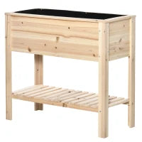 Fioriera da Giardino Rialzata con Ripiano a Doghe, Inserti per l'Irrigazione, in Legno Massello, 90 x 40 x 81 cm, Legno naturale