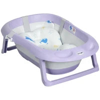 Vaschetta Bagnetto Pieghevole Bambini 0-6 Anni con Cuscino e 2 Ripiani, 83x48x23.5 cm, Viola e Bianco