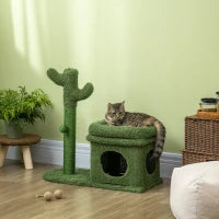 Tiragraffi per Gatti con Lettino, Casetta e Palo in Sisal a Forma di Cactus, 68x30x67cm, Verde