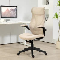 Sedia da Ufficio con Braccioli Ribaltabili, Altezza Regolabile e Schienale Inclinabile, Beige