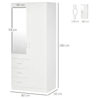 Armadio Moderno Guardaroba 2 Ante con Specchio e 3 Cassetti, Mensole Regolabili e Barra Appendiabiti, 80x50x180cm, Bianco