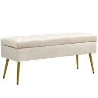 Panchina con Contenitore in Velluto, Pouf Imbottito con Design Trapuntato, Struttura in Metallo, 102 x 35 x 43 cm, Beige