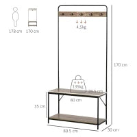 Appendiabiti con Panca e Scarpiera in Stile Industriale, Mobile per Ingresso Vintage in Legno e Acciaio Nero