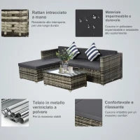 Set Mobili da Giardino da 5 Pezzi, Divanetto per Esterni con Pouf e Tavolino in Rattan PE, Grigio