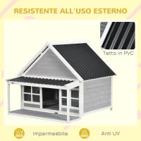Cuccia per Cani da Esterno in Legno e PVC con Portico e Finestre, 126x118x105cm, Grigio