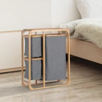 Cesto Portabiancheria con 3 Scomparti in Tessuto e Bambù, 50x32x69.7cm