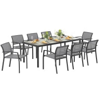 Set da Giardino con Tavolo da Pranzo Rettangolare e 8 Sedie Impilabili con Braccioli, Grigio