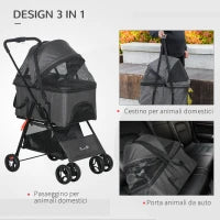 Passeggino per Cani 3 in 1 Convertibile in Borsa e Trasportino con Guinzaglio e Cuscino, Grigio