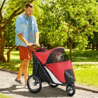 Passeggino per Cani, pieghevole, tetto apribile, cuscino, telaio in acciaio, Rosso/Nero
