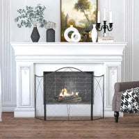 Parascintille Camino a 3 Parti Pieghevole in Metallo, 108x24x76 cm, Nero