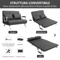 Divano Letto 2 Posti in Similpelle e Acciaio con Seduta Regolabile in 5 Posizioni, 105x80x78 cm, Grigio