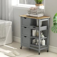 Carrello da cucina su ruote con piano in legno, 3 cassetti e piano rimovibile, 67x37x85,5 cm, Grigio